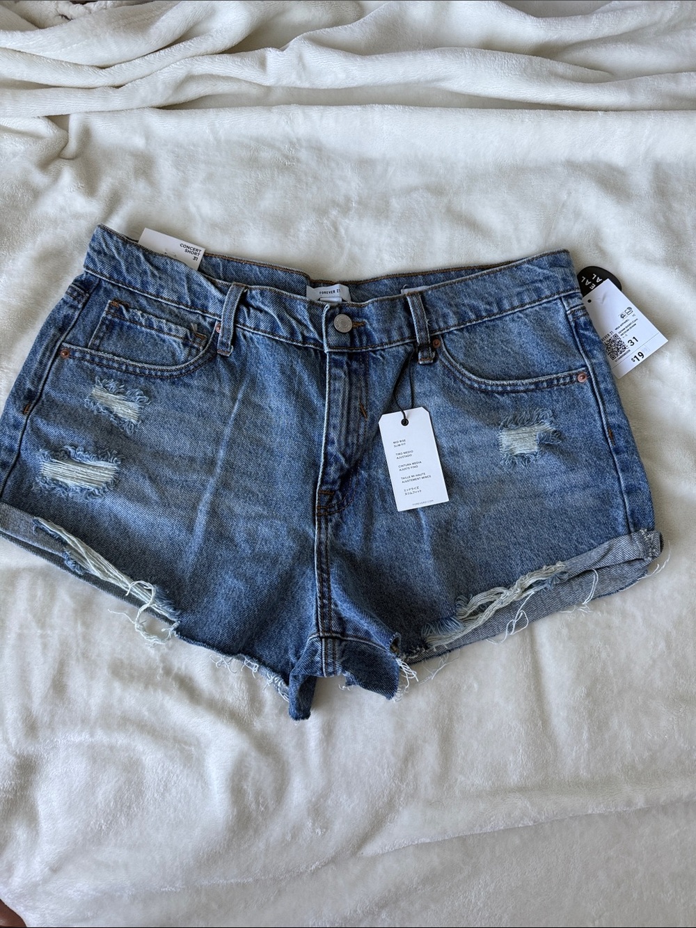 Forever 21 Distressed High-Rise Denim Shorts - Blue